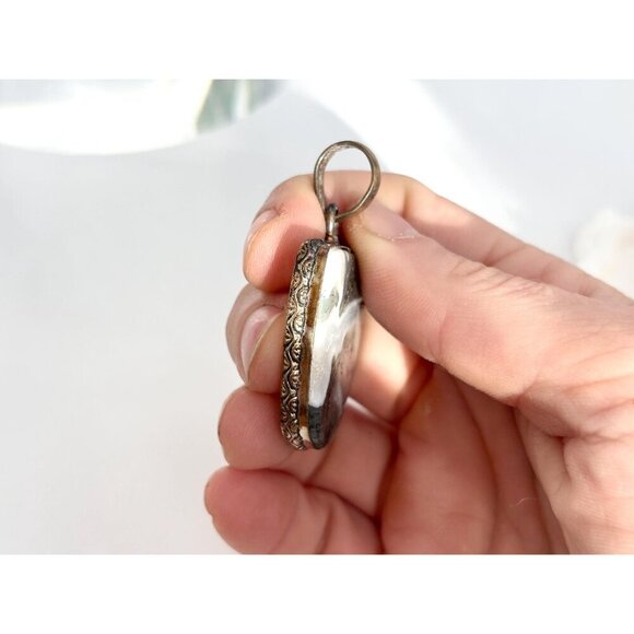 Moss Agate Geometric Gold Tint Gemstone Sterling Silver 925 Vintage Pendant - Picture 6 of 10